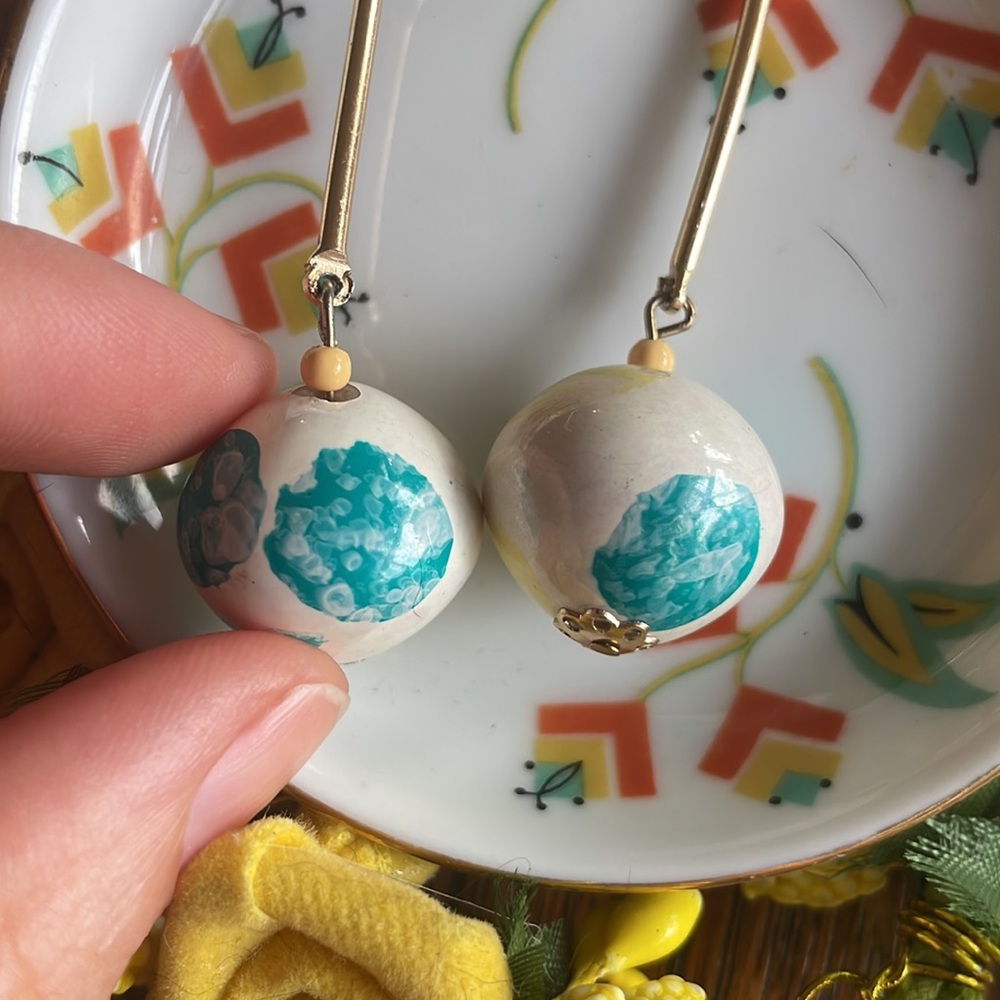 Fun Bauble Vintage Earrings Porcelain yellow Teal Painted Polka Dots BUNDLE ONLY - Picture 3 of 7